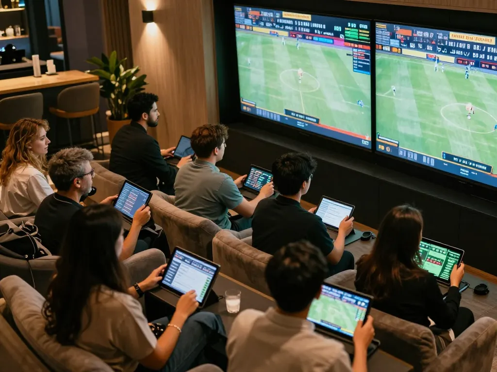 Engaged bettors analyzing odds for Da88 sports betting in a sophisticated lounge setting