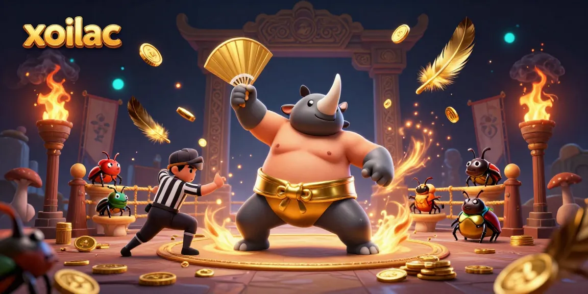 Engage with xoilac's thrilling gaming scene featuring a beetle sumo champion and golden coins.