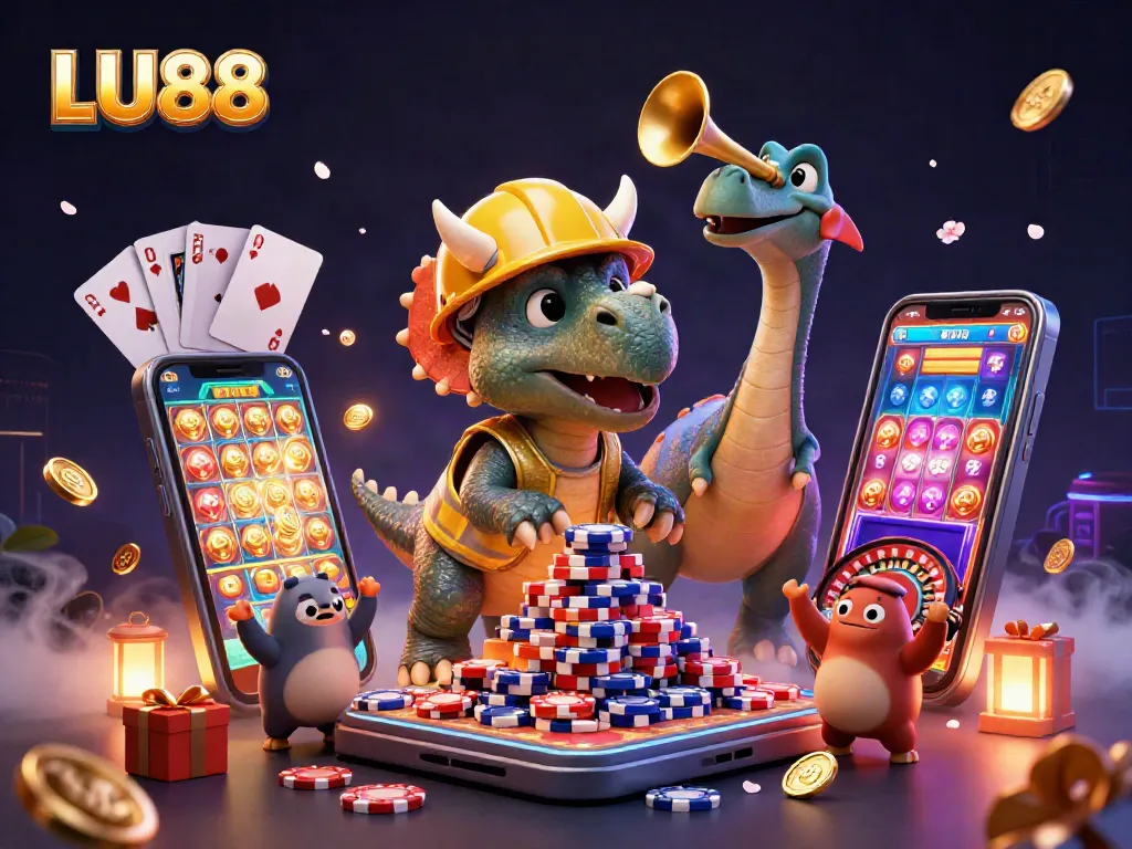 LU88 energizes the gaming experience with a vibrant triceratops and parasaurolophus in a celebratory casino scene.