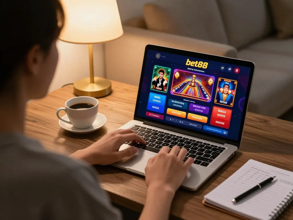 Gamer exploring the bet88 casino app on a stylish laptop in a warm home setting.