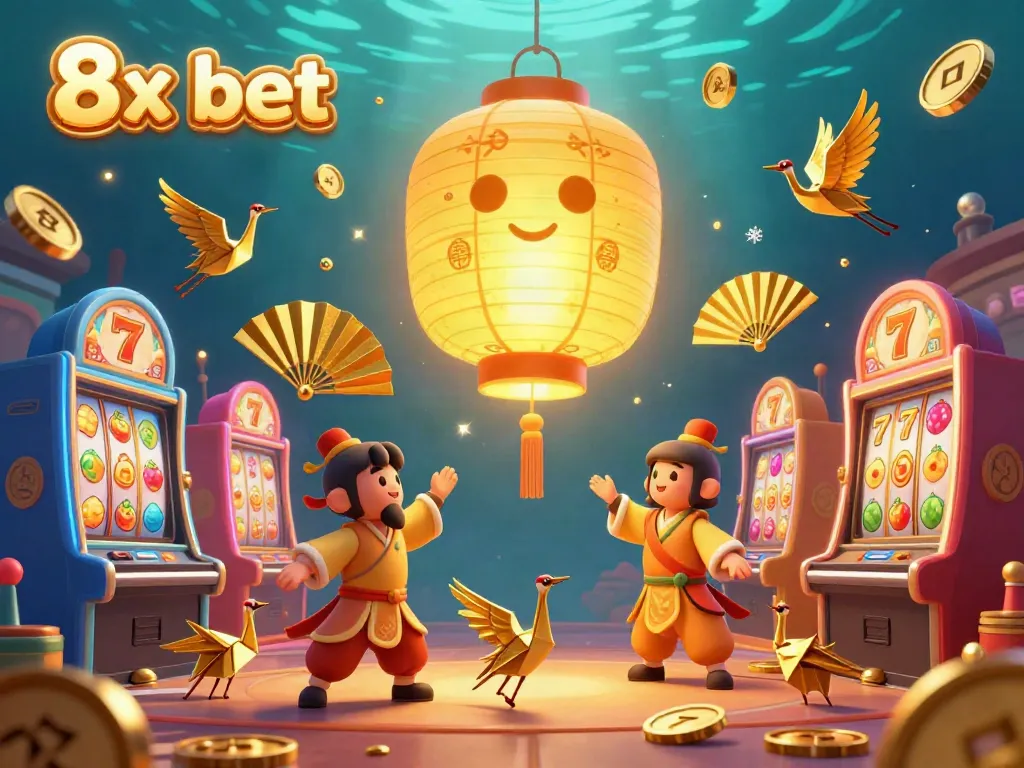 Experience the thrill of 8x bet at a vibrant casino scene with glowing characters and slot machines.