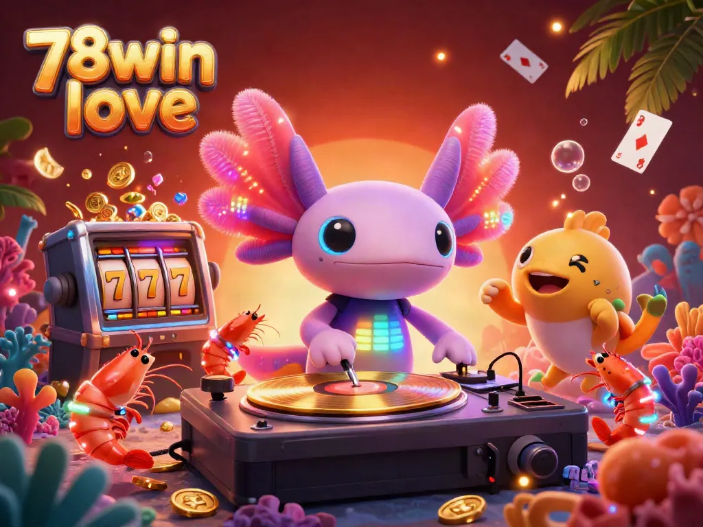 Experience the excitement of 78win love with vibrant 3D characters celebrating casino gaming surrounded by vibrant slot elements.
