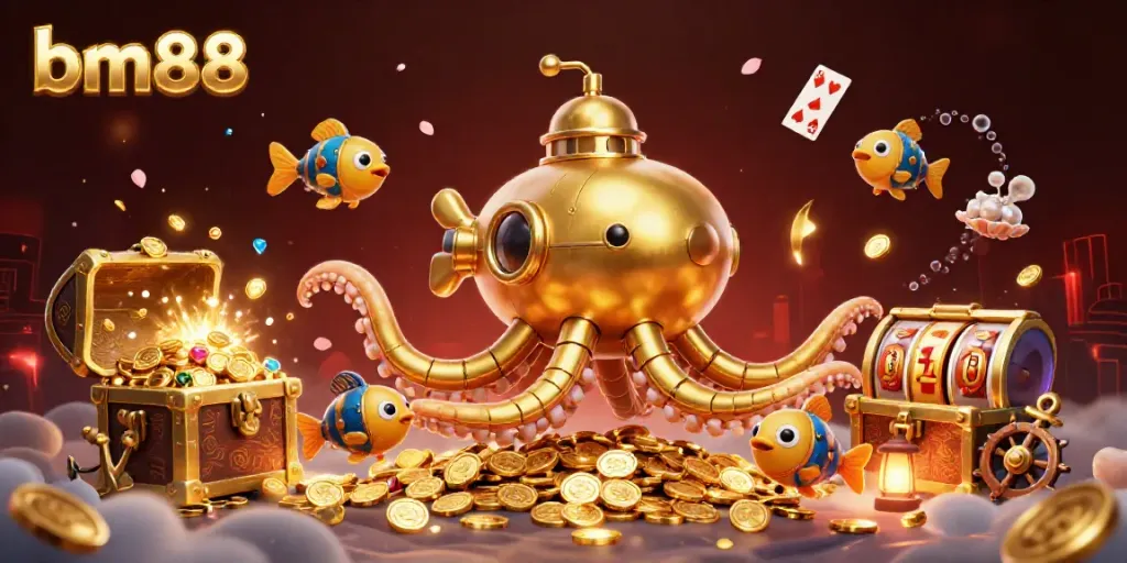 bm88 unleashes excitement with a golden kraken submarine and vibrant casino elements