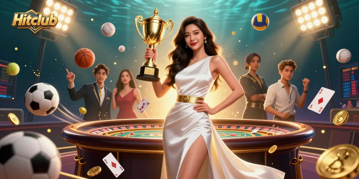Experience thrilling gaming at Hitclub with a confident Asian woman celebrating victory in a dynamic casino scene.
