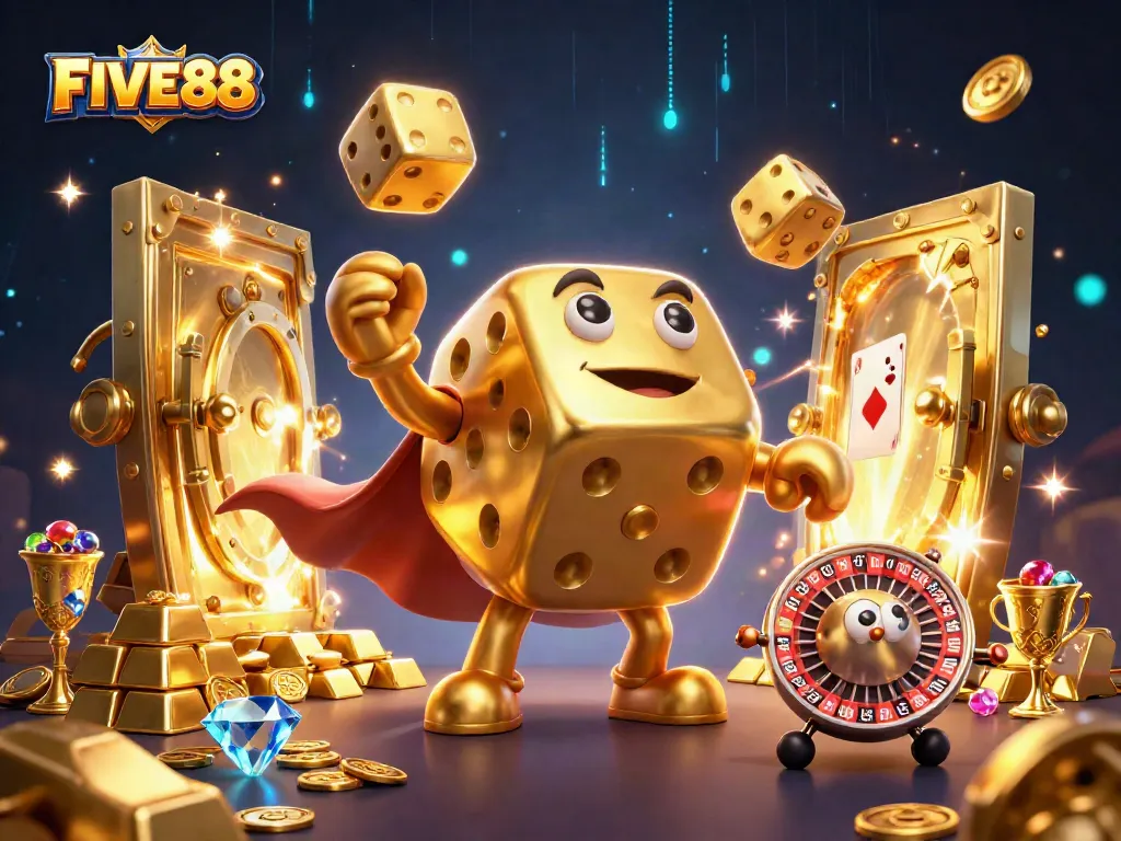 Experience the excitement of FIVE88 with an engaging 3D casino scene featuring dynamic characters and vibrant elements.