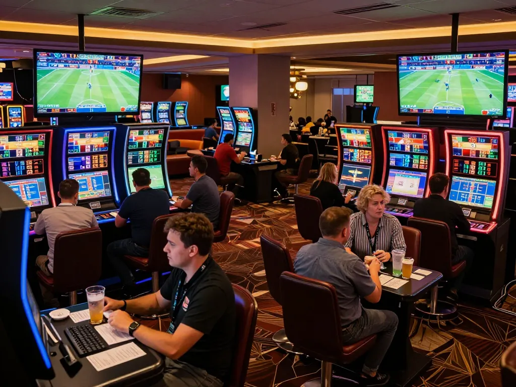 Place bets at vaobet in a vibrant sports betting lounge during live event.