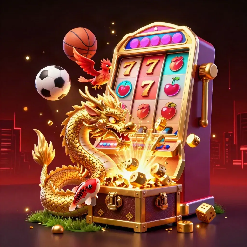 Golden dragon with casino bursts and sports balls in a neon red-black splash scene.