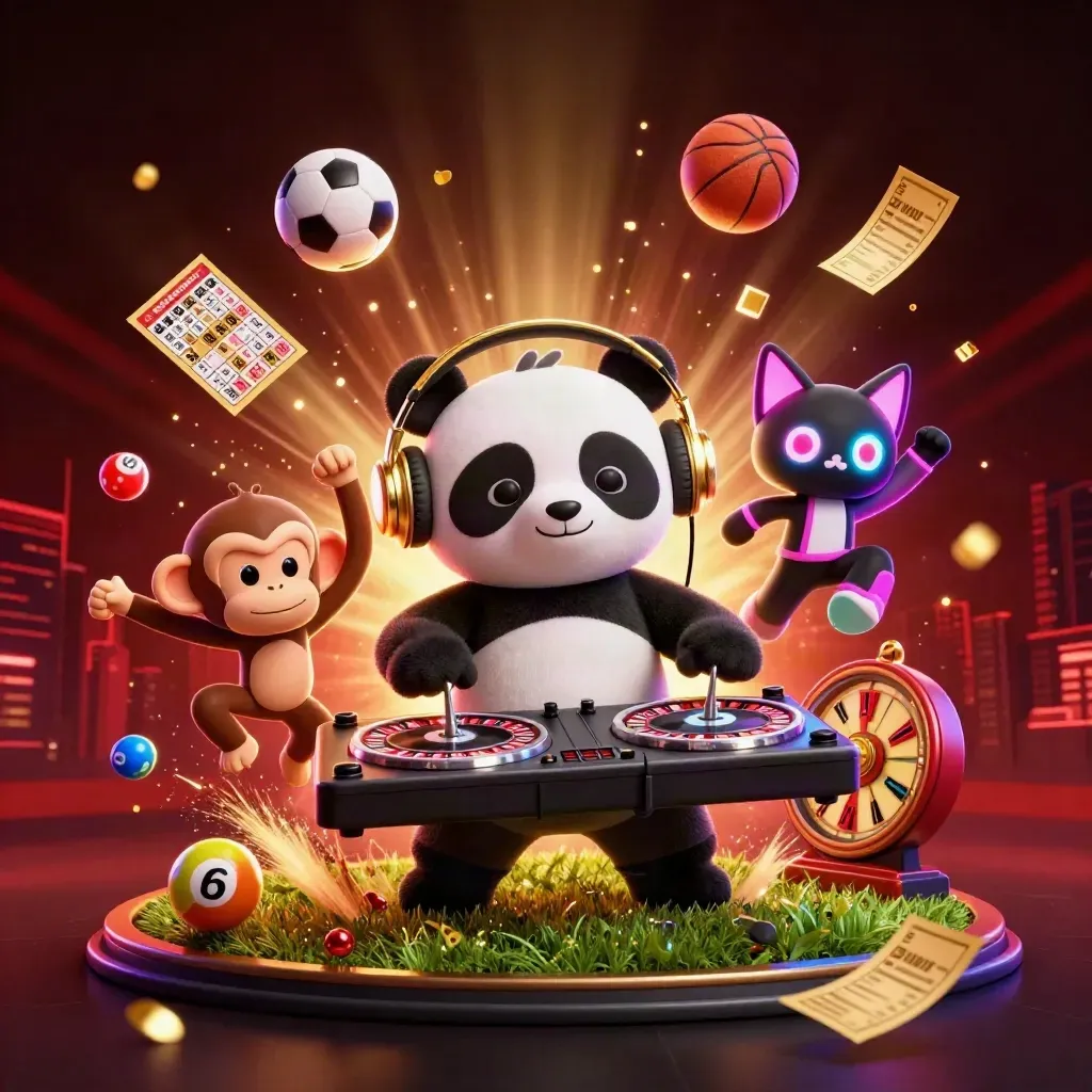 DJ panda, monkey, and glow-stick kitten amid neon casino sports bursts and golden sparks