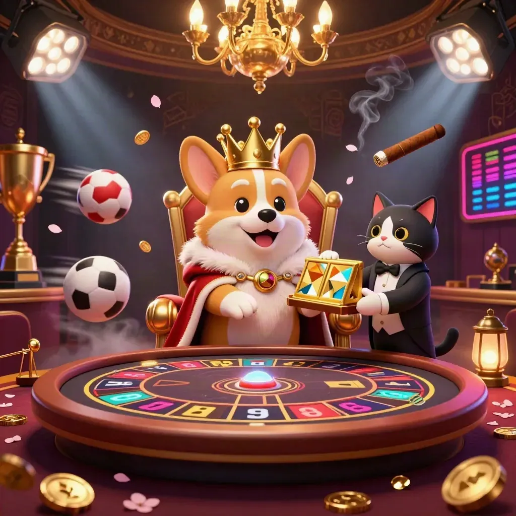 Royal corgi and cat butler in a neon casino scene with sports balls, gold coins, and chandelier glow.
