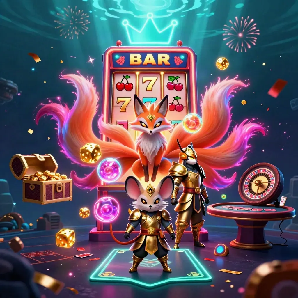 Fox spirit and armored mouse amid casino symbols, slot machine burst, gold, neon, and cinematic glow