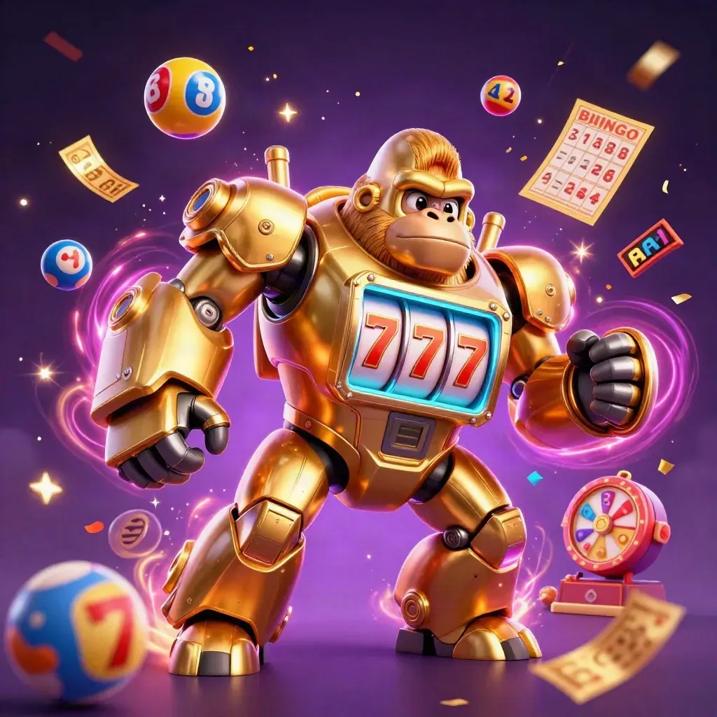 Golden gorilla mech with monkey pilot, slot reels, lottery balls, bingo card, prize wheel, and fireworks