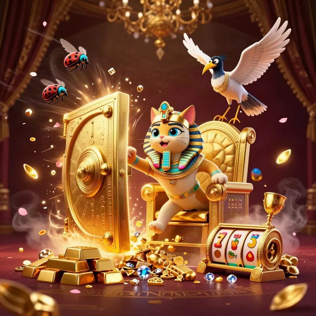 Pharaoh cat, ibis scribe, and gem-wing scarabs burst from a vault of gold and jewels.