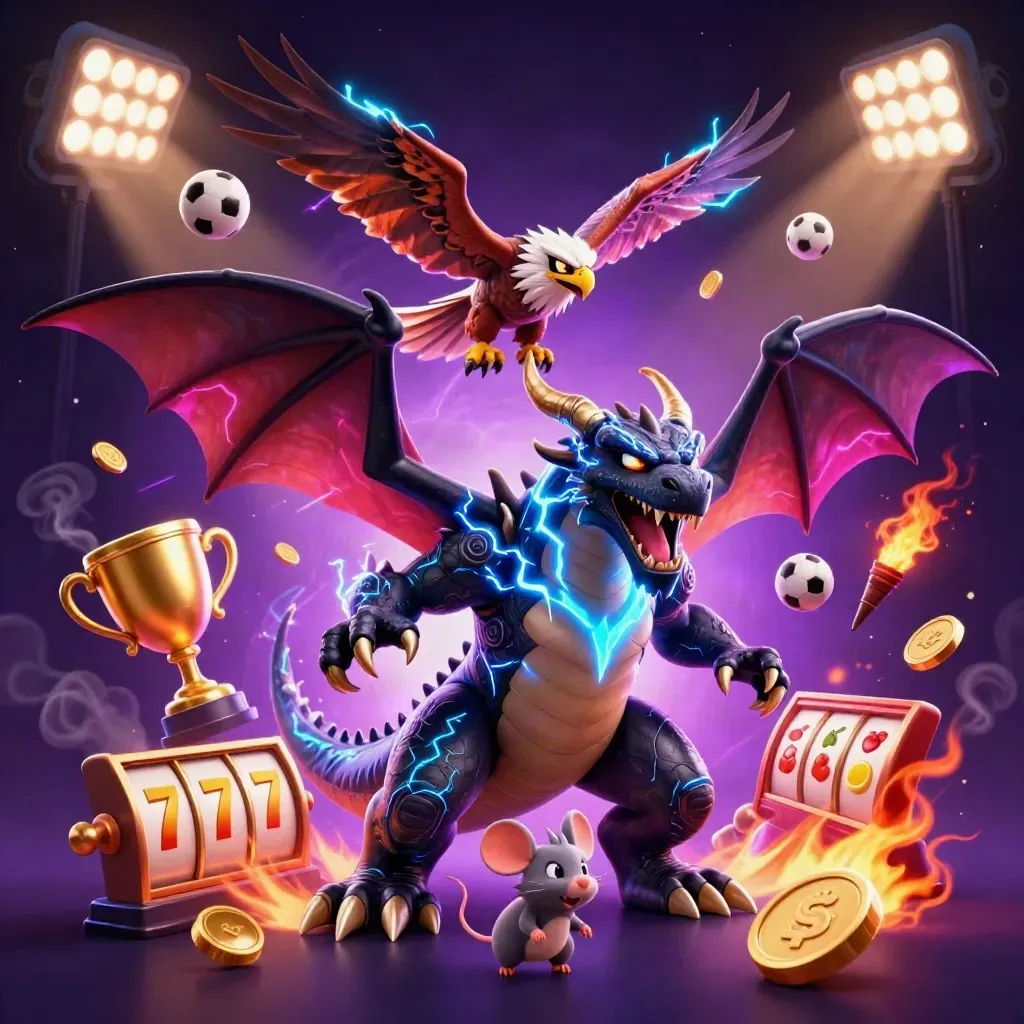 Thunder dragon, hawk and mouse amid casino lights, coins and slot reels on a dark neon gradient.