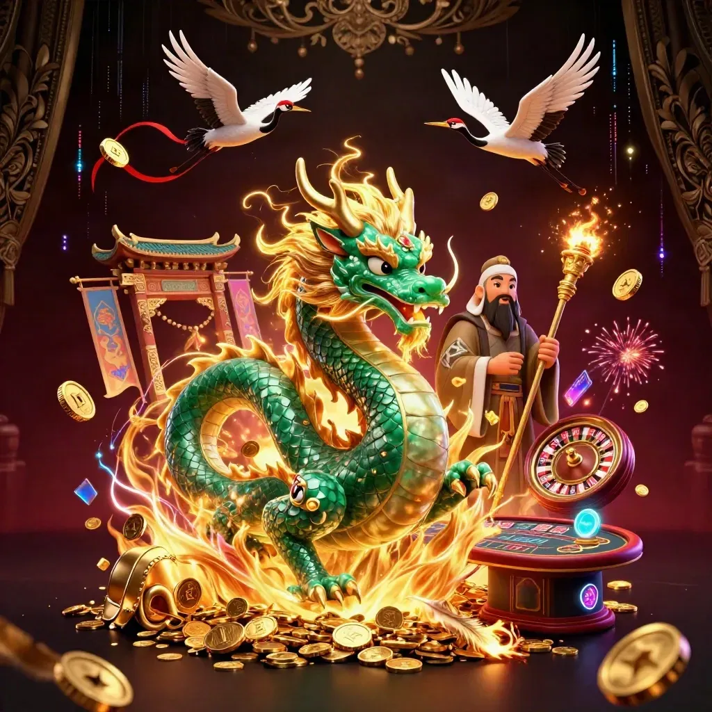 Emerald dragon, turtle sage, and cranes amid coins, fire, and neon casino effects
