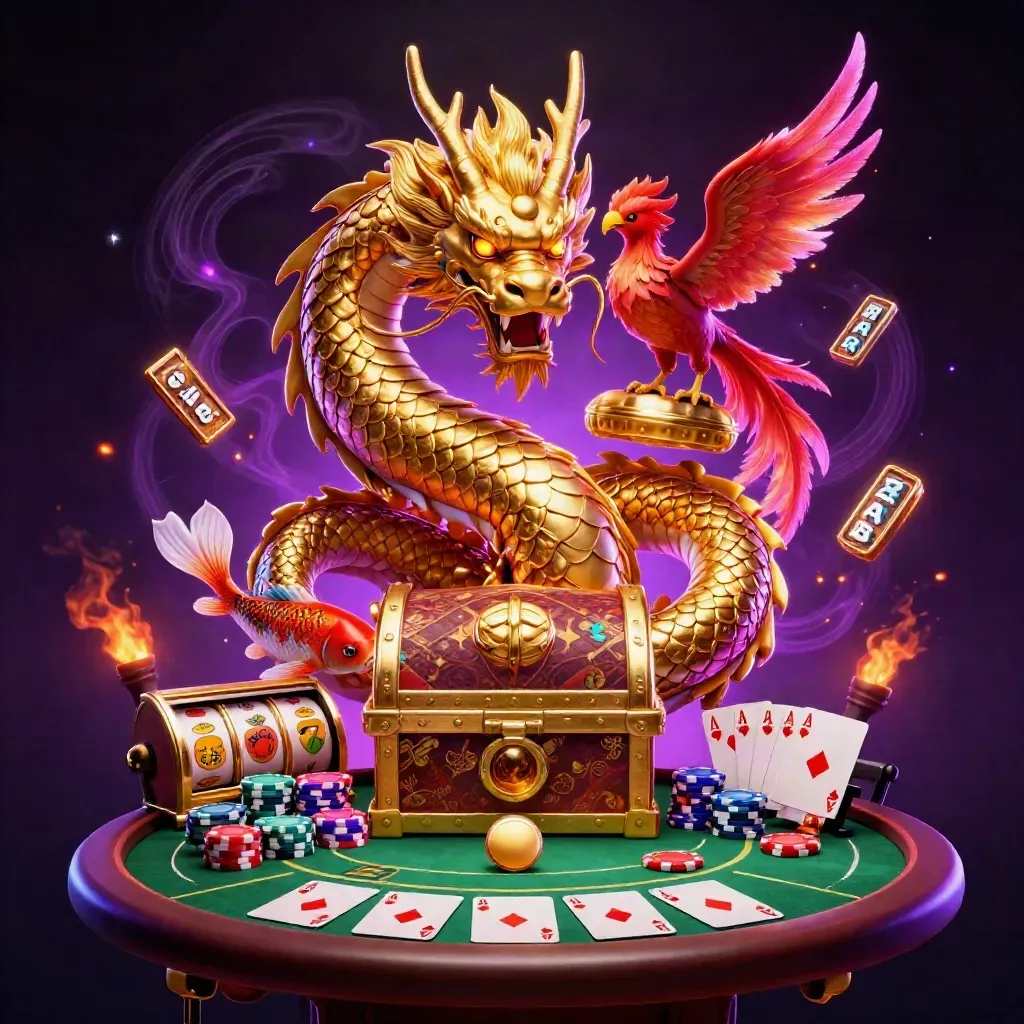 Golden dragon, phoenix, koi, and casino chips on a dark neon purple gaming splash screen