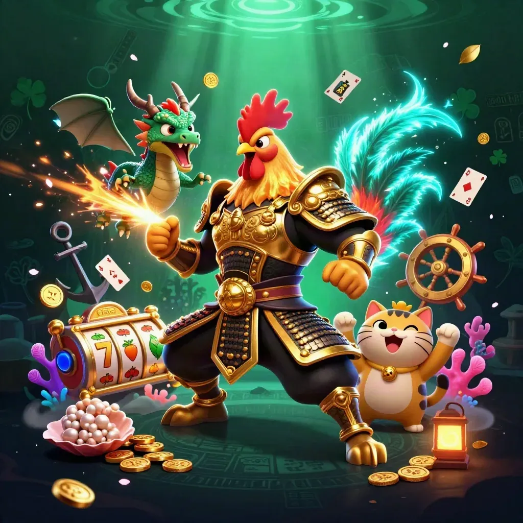 Rooster warrior, dragon hatchling, and fortune-cat amid coins, coral, cards, and neon casino magic.