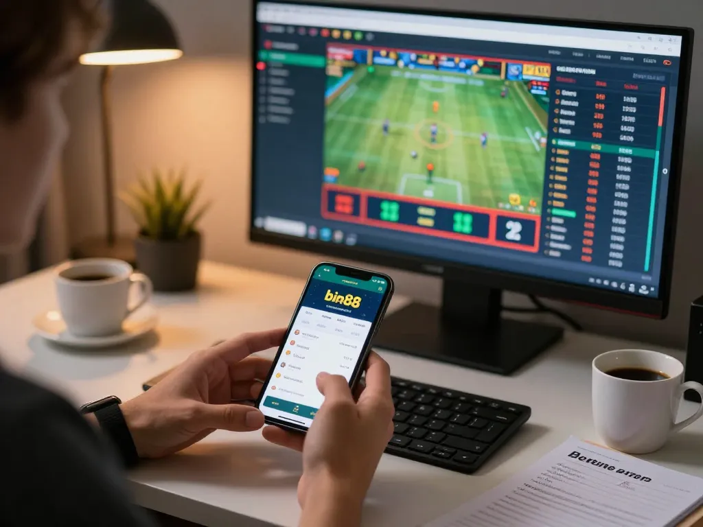 Engaging online gambling experience on bin88 sports betting app, showcasing live odds and game stats.