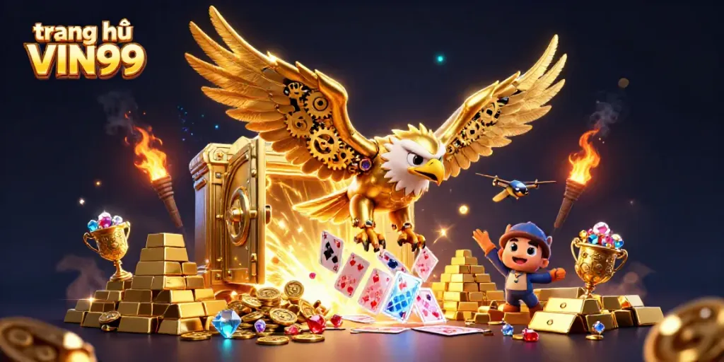 Experience the excitement of winning at trang chủ VIN99 with dynamic golden elements and a cybernetic eagle in action.