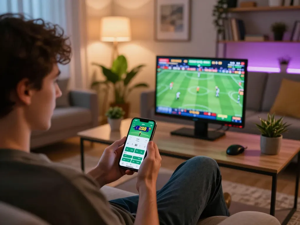 Player placing a bet on HZ88 sports app in comfortable living room setting, showcasing modern mobile gambling.