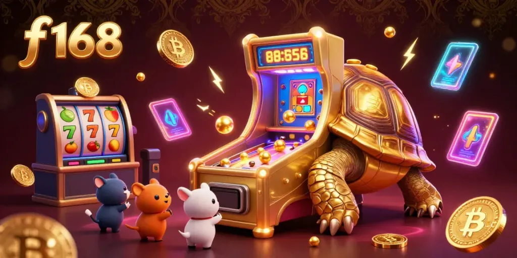 Engage with f 168 in this vibrant casino scene featuring neon-lit slot reels, a golden tortoise pinball machine, and crypto elements.