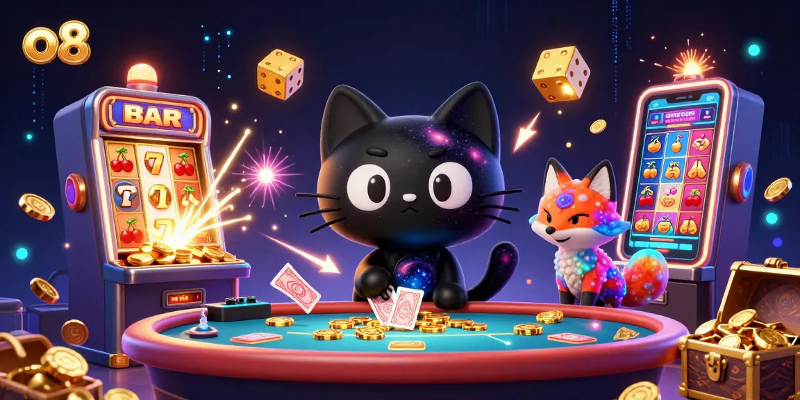 The black hole cat at o8 casino pulls in chips and cards amidst exploding slot machines and colorful game elements.