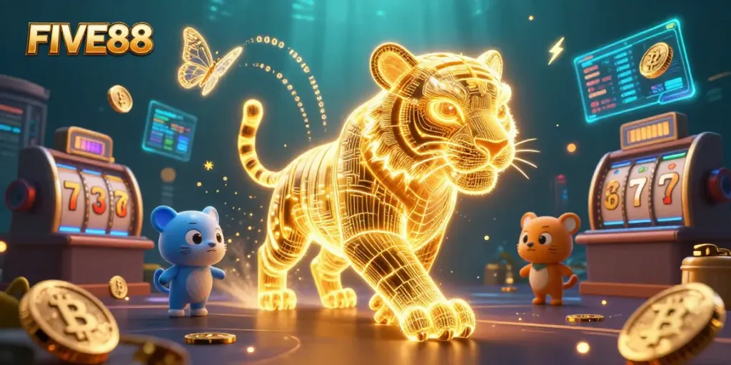Experience thrilling jackpots at FIVE88 with a vibrant digital casino scene featuring a neon tiger and butterfly companions.