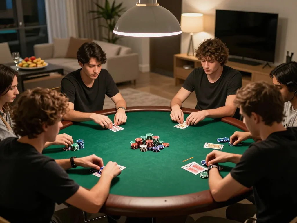 Players enjoy a thrilling poker night at home, showcasing VU88 gaming techniques and strategies.