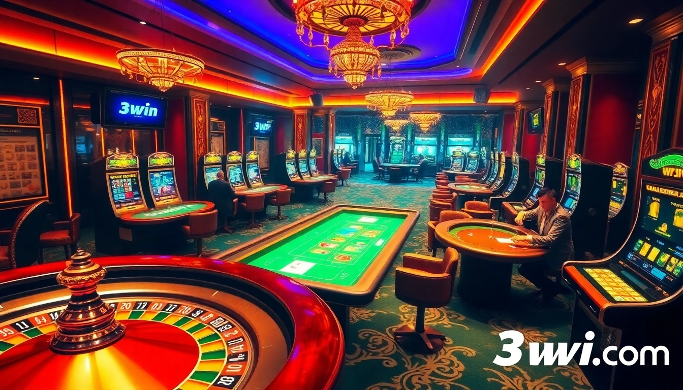 Engage in thrilling gameplay at 3win.com with vibrant casino tables, lights, and poker action.