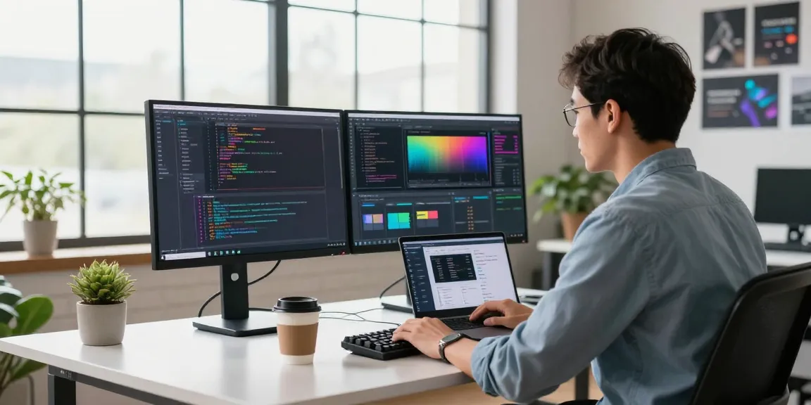 Developer in modern workspace coding, showcasing Telegram download interface on dual monitors.