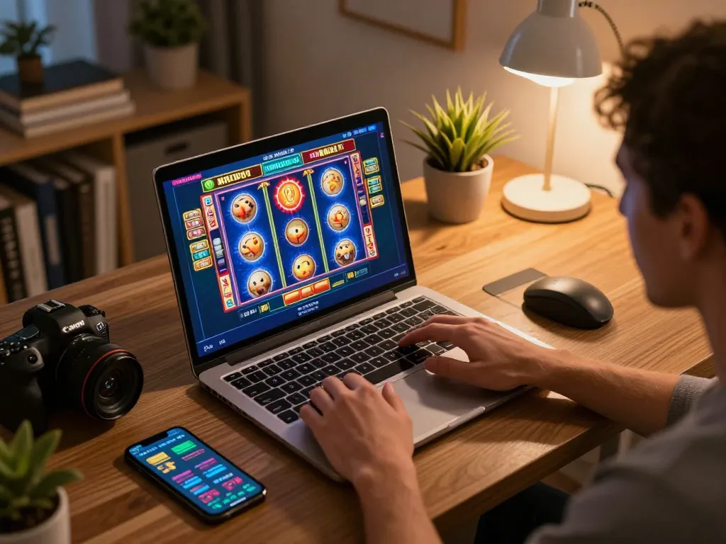 Player engaging with online Co88 casino slot games on a laptop in a cozy home setting.