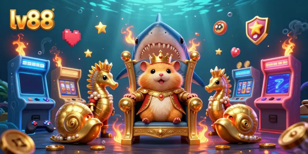 Experience the thrill of lv88 with a royal hamster king surrounded by casino elements in an underwater scene.