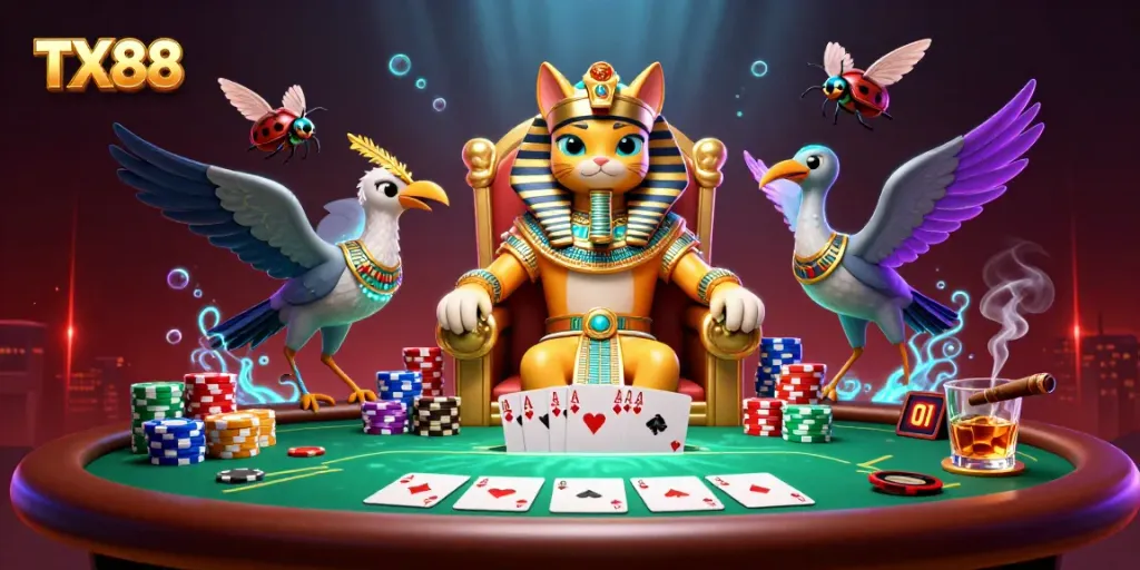TX88 players enjoy a rich casino atmosphere with a pharaoh cat and poker elements.