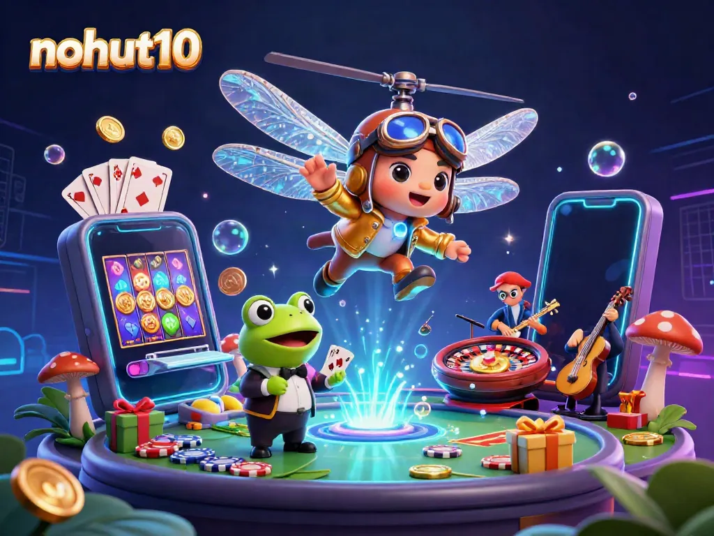 Experience thrilling games at nohut10 with an exciting 3D casino scene featuring dynamic characters and vibrant gaming elements.