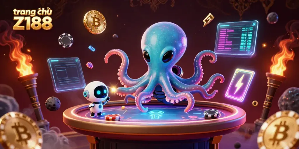 Engage with the thrilling energy of trang chủ Z188 as an alien octopus plays poker with crypto coins.