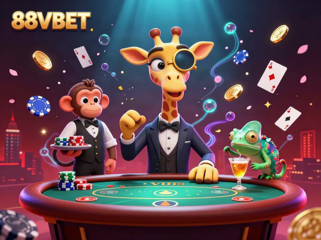 Join the 88VBET high-stakes poker action in this vibrant and dynamic casino scene illustration.