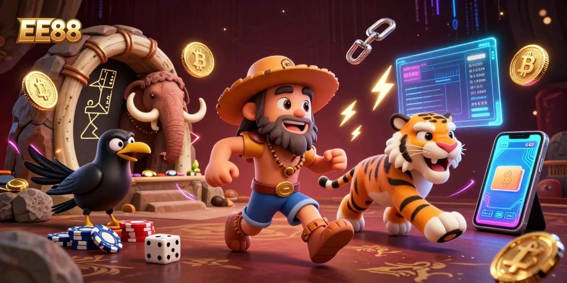 Gamble at EE88's prehistoric casino featuring a caveman and sabertooth tiger duo.