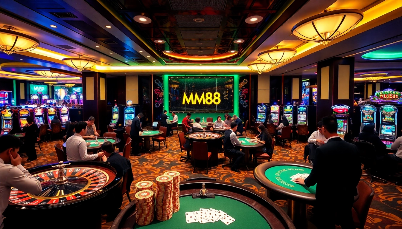 Exciting casino scene showcasing MM88 branding with players engaging at tables and slot machines.