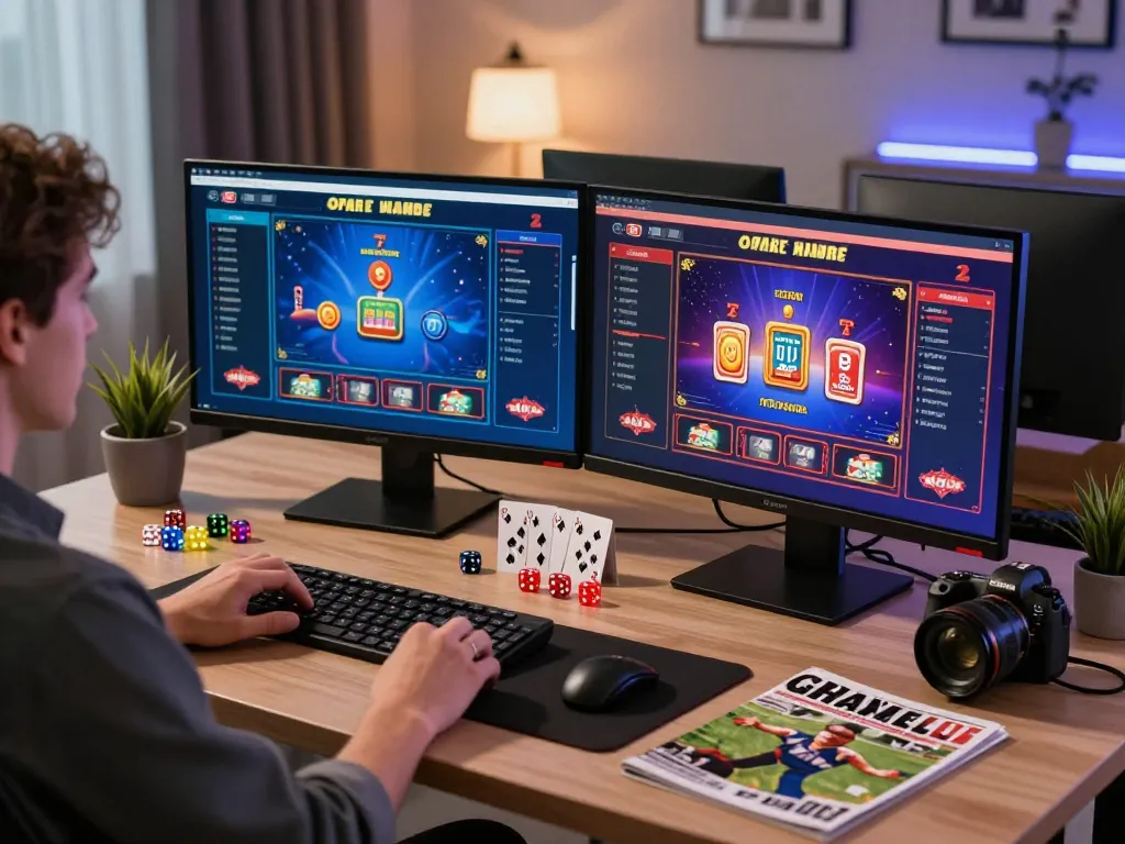 MAY88 online gambling experience with dual screens displaying casino games and sports betting.