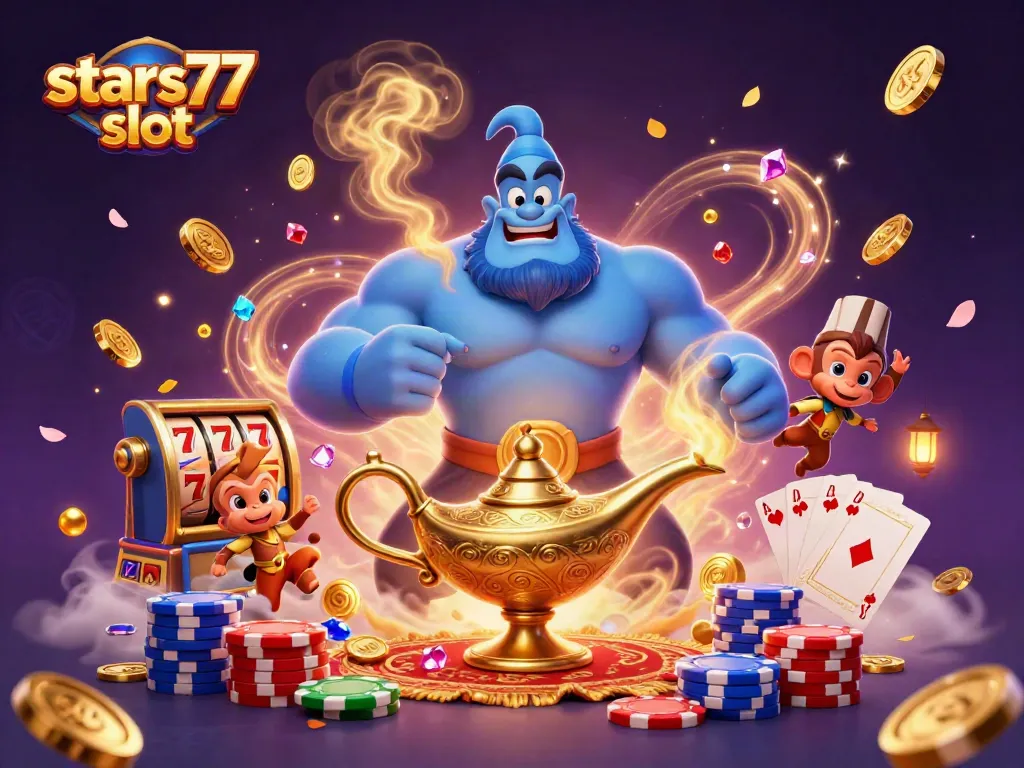 Memainkan slot stars77 slot dengan genie, kartu royal flush, dan koin emas yang berhamburan.