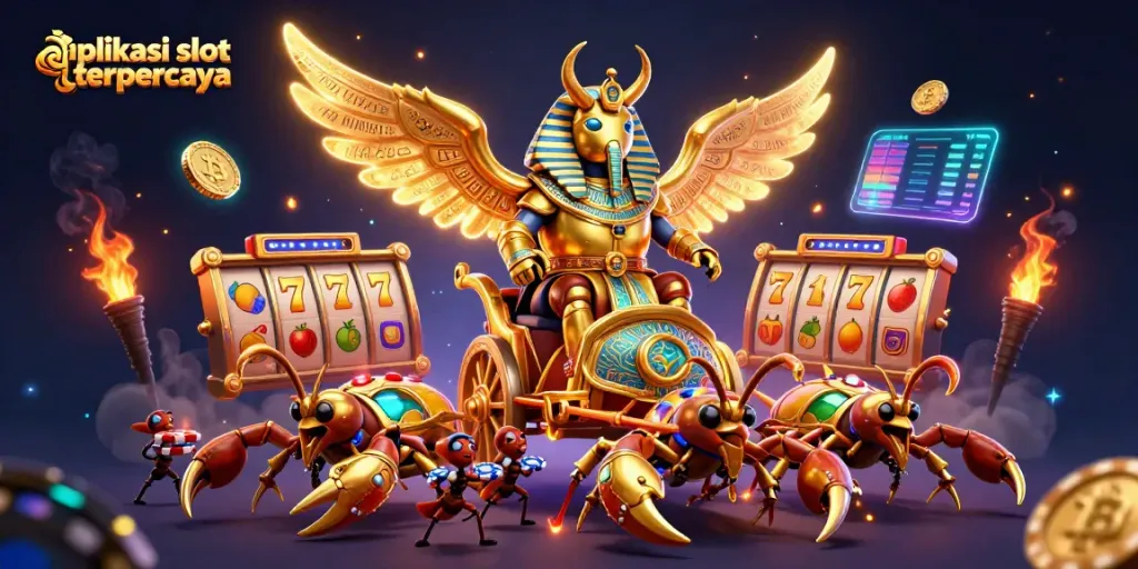 Mainkan aplikasi slot terpercaya dengan desain grafis 3D menarik dalam ilustrasi yang menampilkan karakter hebat dan elemen kasino.