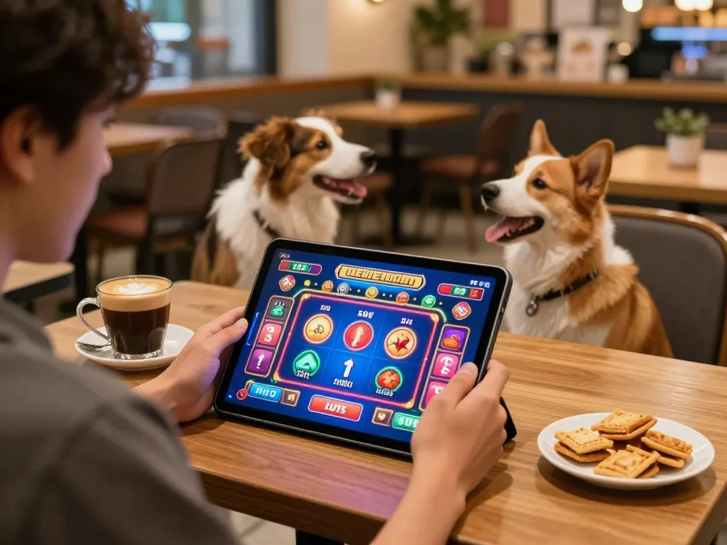sapporo-dogscafe scene showing a player enjoying online casino gaming on a tablet while engaging with friendly dogs