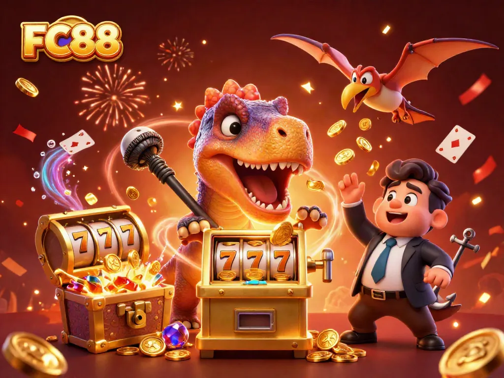 FC88 celebrates a jackpot win with a dinosaur's headbutt at the slot machine surrounded by sparkling casino elements.