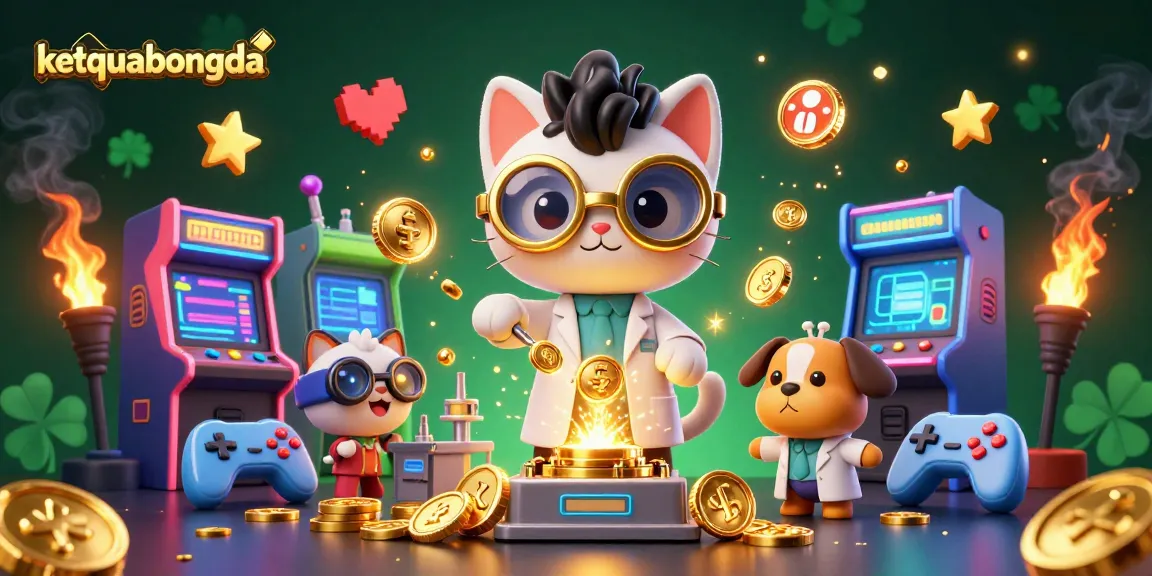 Engage with ketquabongda's lively casino scene featuring a scientist cat and assistant dog amidst vibrant arcade and gambling elements.