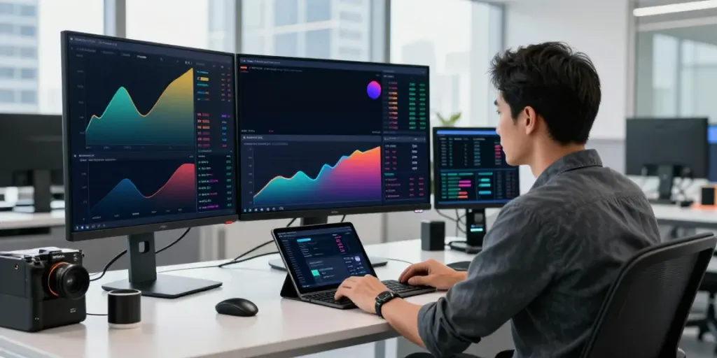 Trendy workspace featuring a trader using quantumaiplatform.ca on multiple screens, capturing the essence of automated trading.