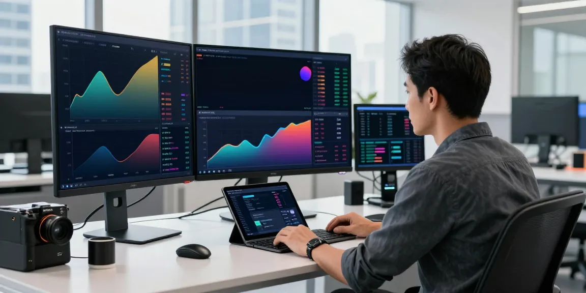 Trendy workspace featuring a trader using quantumaiplatform.ca on multiple screens, capturing the essence of automated trading.