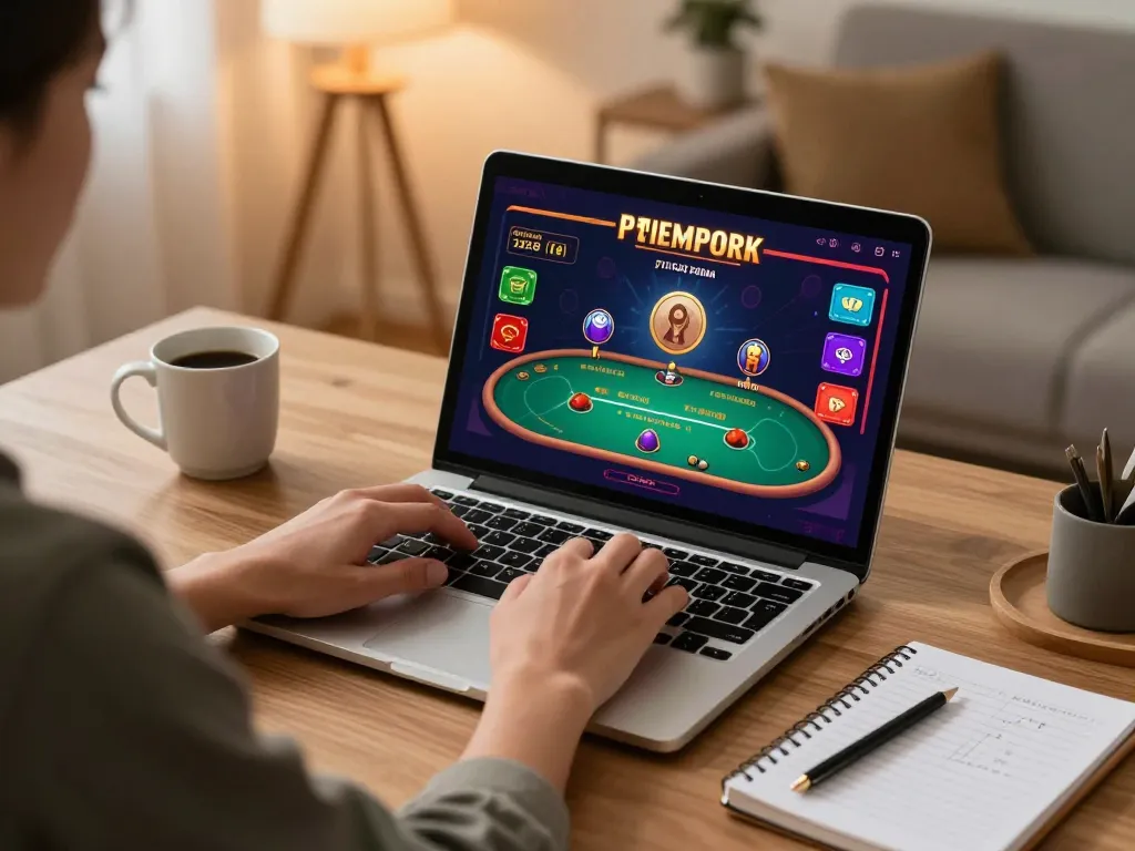 Explore exciting poker gameplay on 78win through a cozy online gaming setup at home.