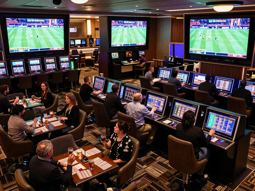 Excited patrons placing bets at DH88's upscale sports betting lounge with live screens