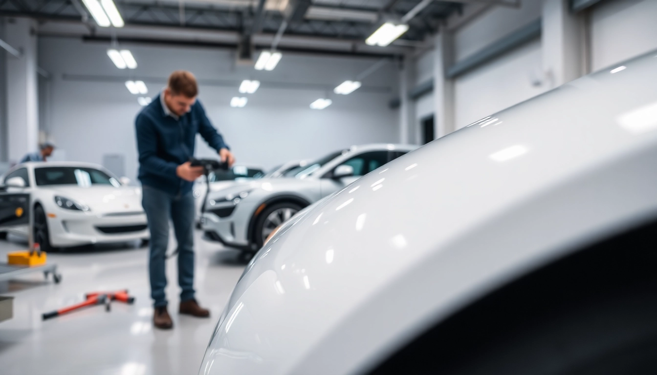 PPF Chattanooga technician applying paint protection film on a vehicle in a modern garage.