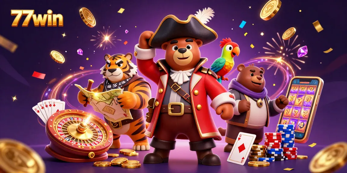 Spin the 77win roulette while cartoon characters celebrate with coins and treasures in this vibrant casino scene.