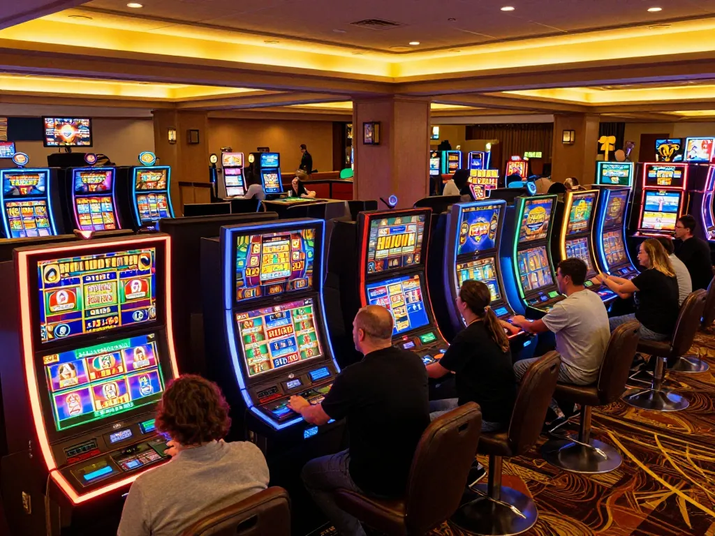 Playing slot machines at torxentertainment, colorful displays and engaging atmosphere.